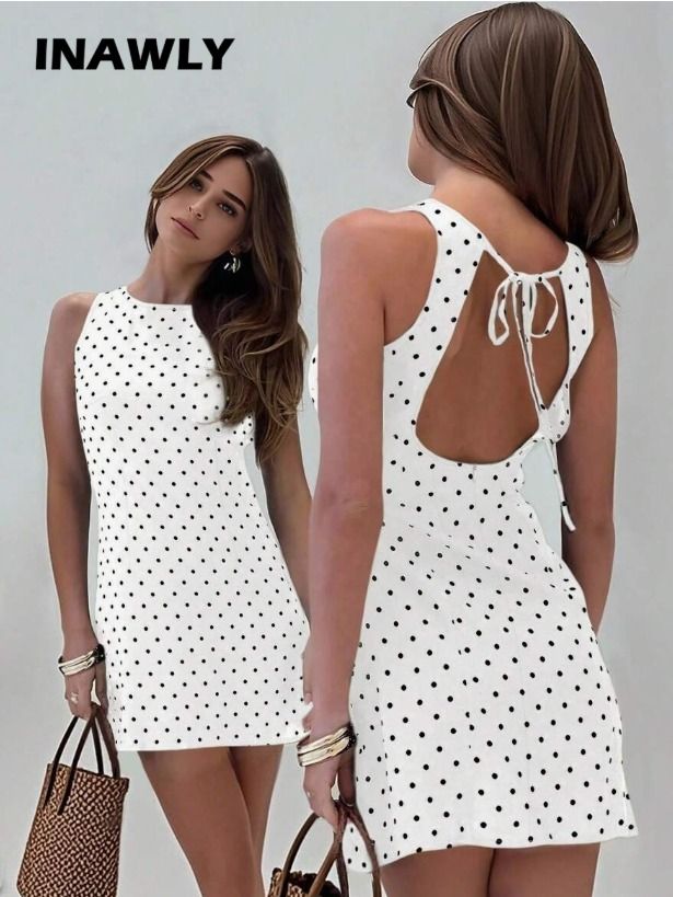 INAWLY Polka Dot Backless Mini Dress White Size M