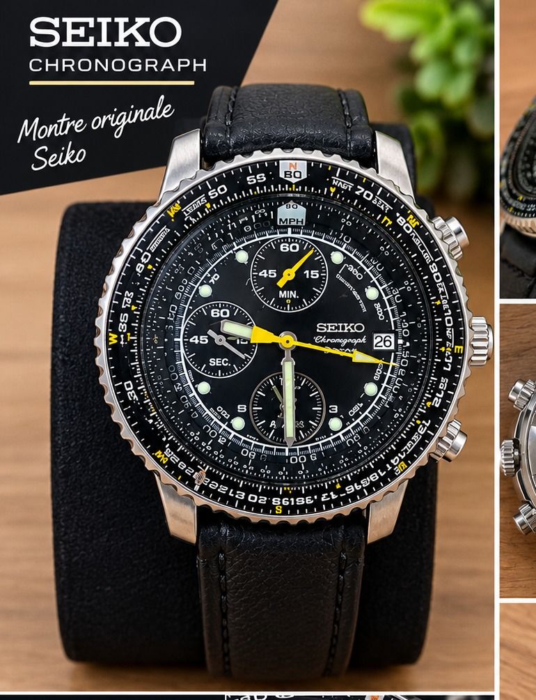 Seiko Chronograph Men's Watch Black Leather
