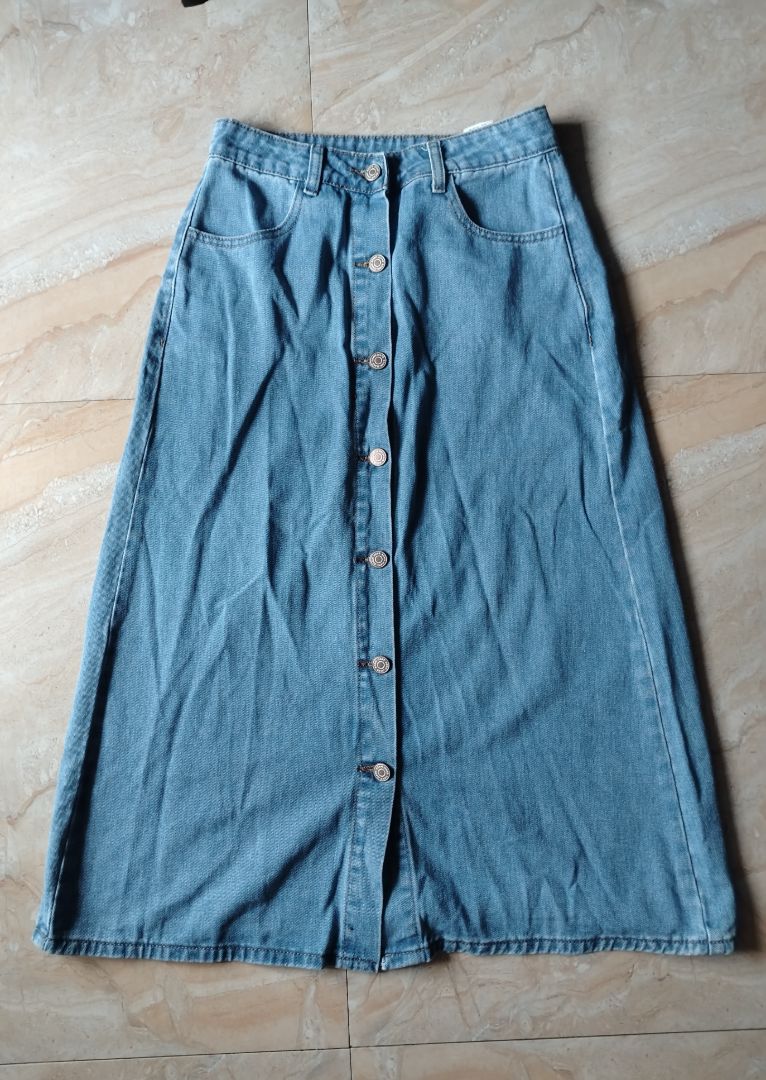 Blue Denim Button-Front Midi Skirt Size M