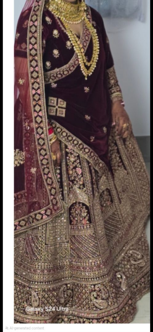 Dark red Velvet Bridal Lehenga Set Size 2xl - Image 1 of 7