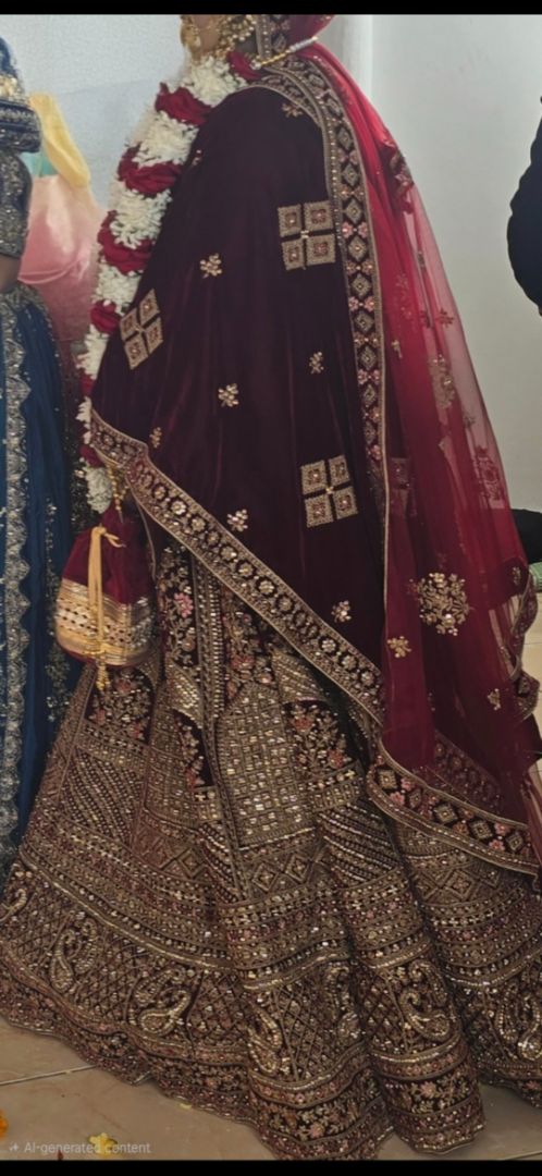 Dark red Velvet Bridal Lehenga Set Size 2xl thumbnail 2