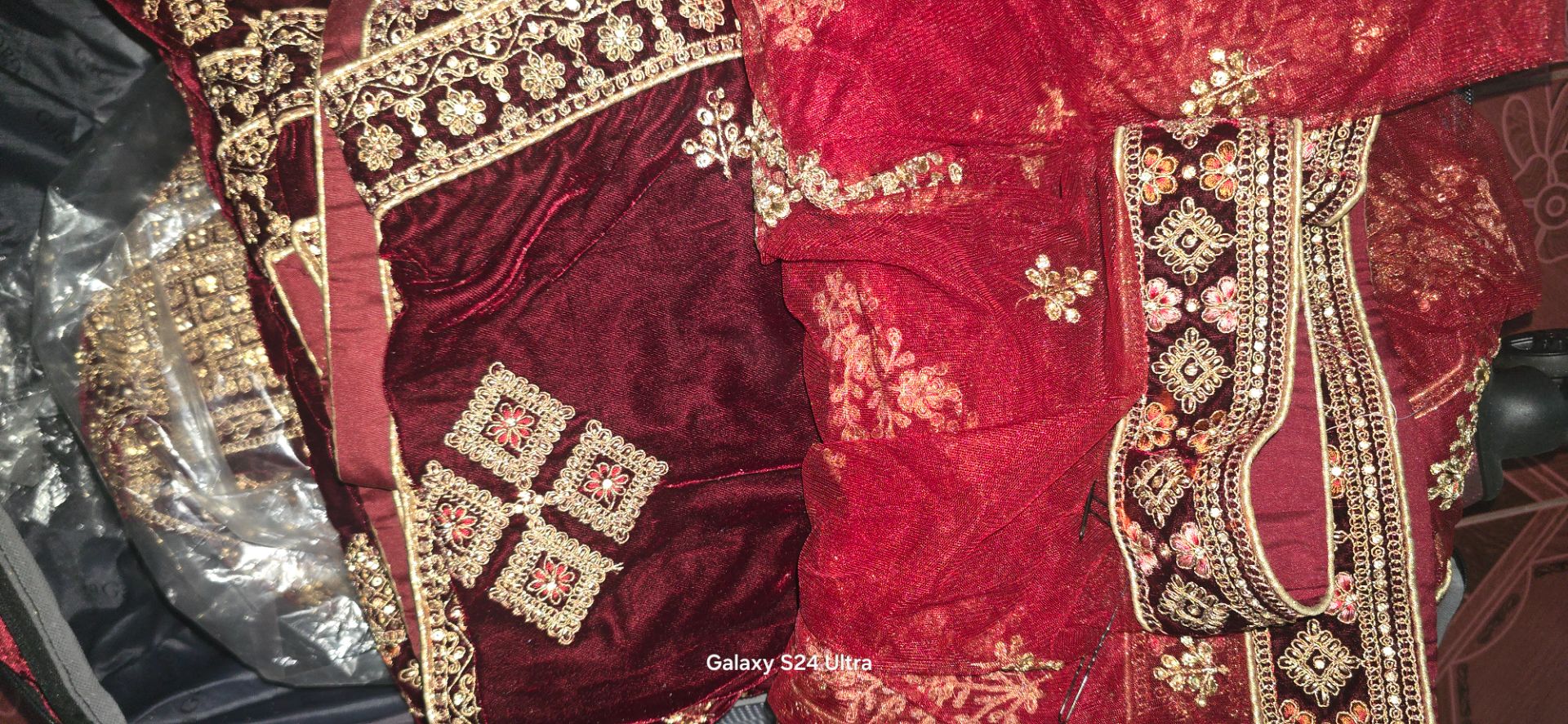 Dark red Velvet Bridal Lehenga Set Size 2xl thumbnail 6