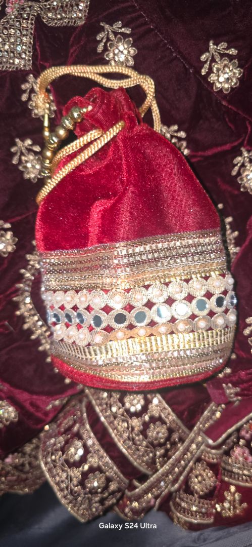 Dark red Velvet Bridal Lehenga Set Size 2xl thumbnail 7