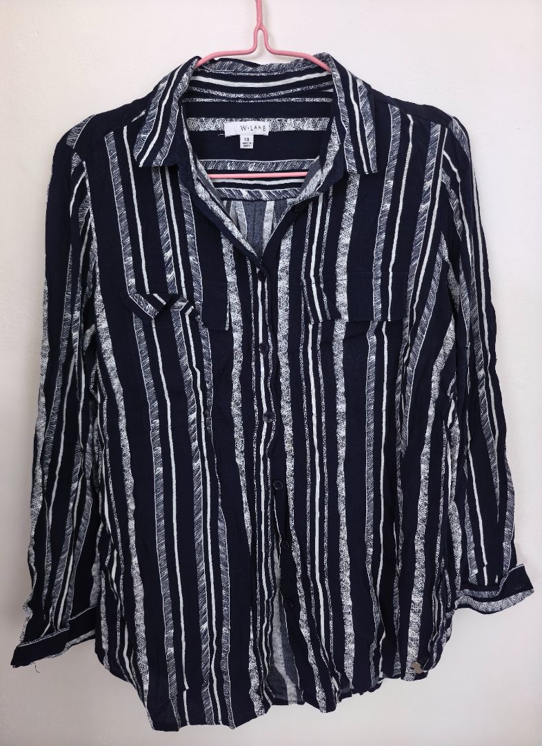 W.Lane Striped Button-Up Shirt Blue Size M