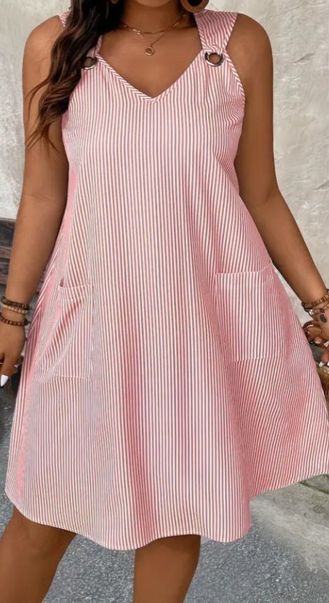 Pink and White Striped Sleeveless Dress with Pockets - Image 1 of 1
