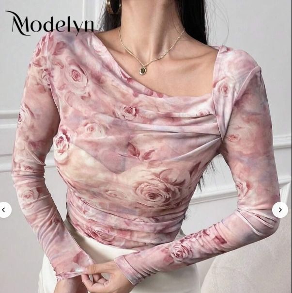 Modelyn Women's Asymmetrical Rose Print Top Pink Medium
