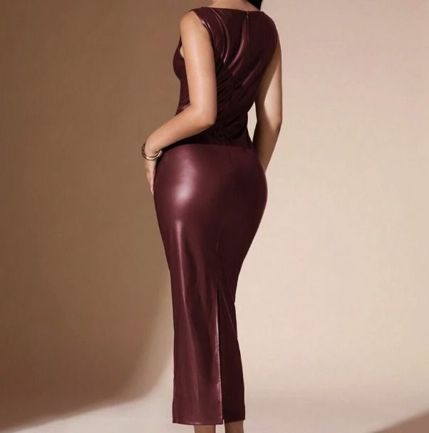 Shein Bae PU Leather Fitted Long Dress Red thumbnail 2