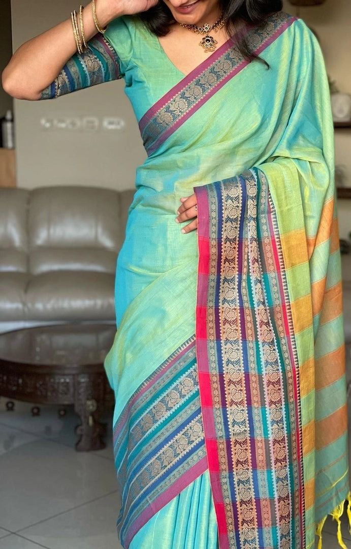 Beautiful new cotton dual shade saree with running blouse piece