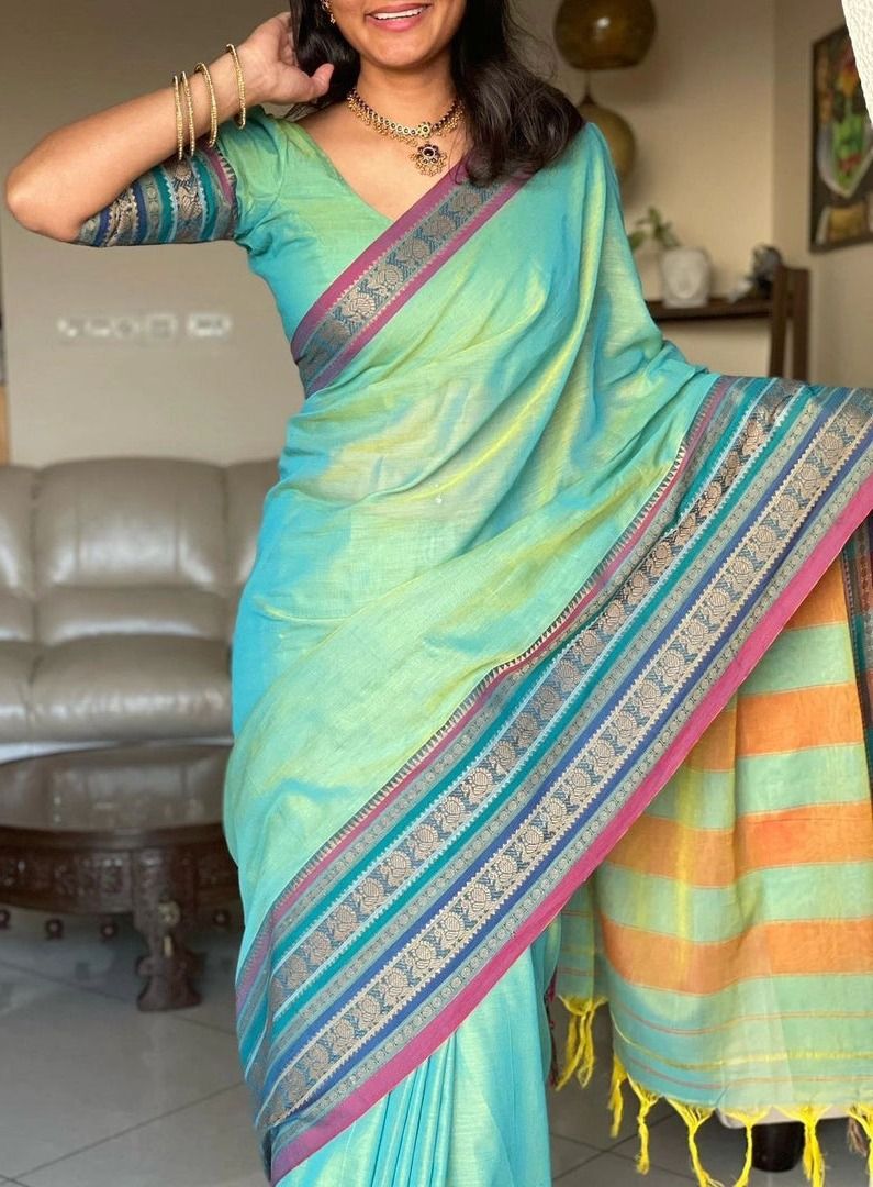Beautiful new cotton dual shade saree with running blouse piece thumbnail 2