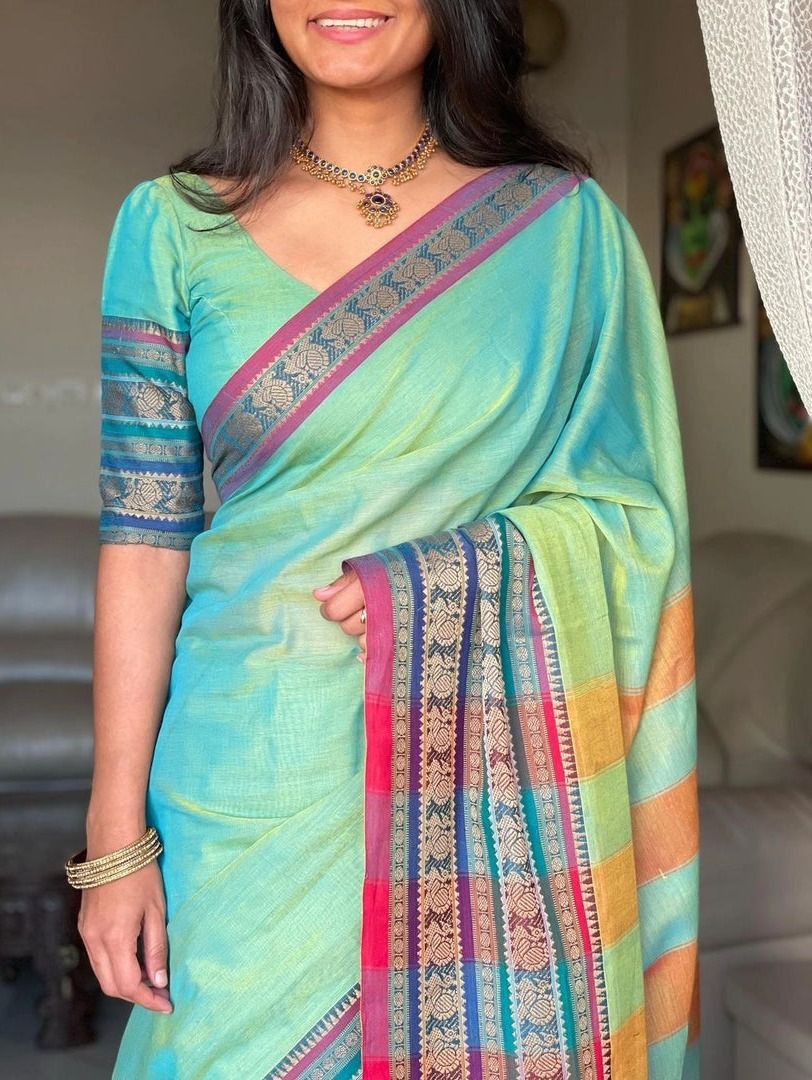 Beautiful new cotton dual shade saree with running blouse piece thumbnail 3