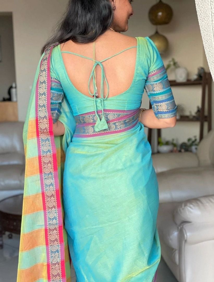 Beautiful new cotton dual shade saree with running blouse piece thumbnail 4
