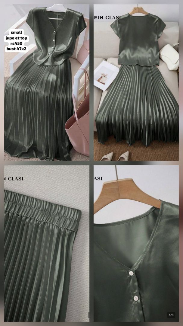 Satin Pleated Skirt and Top Set Green Size S