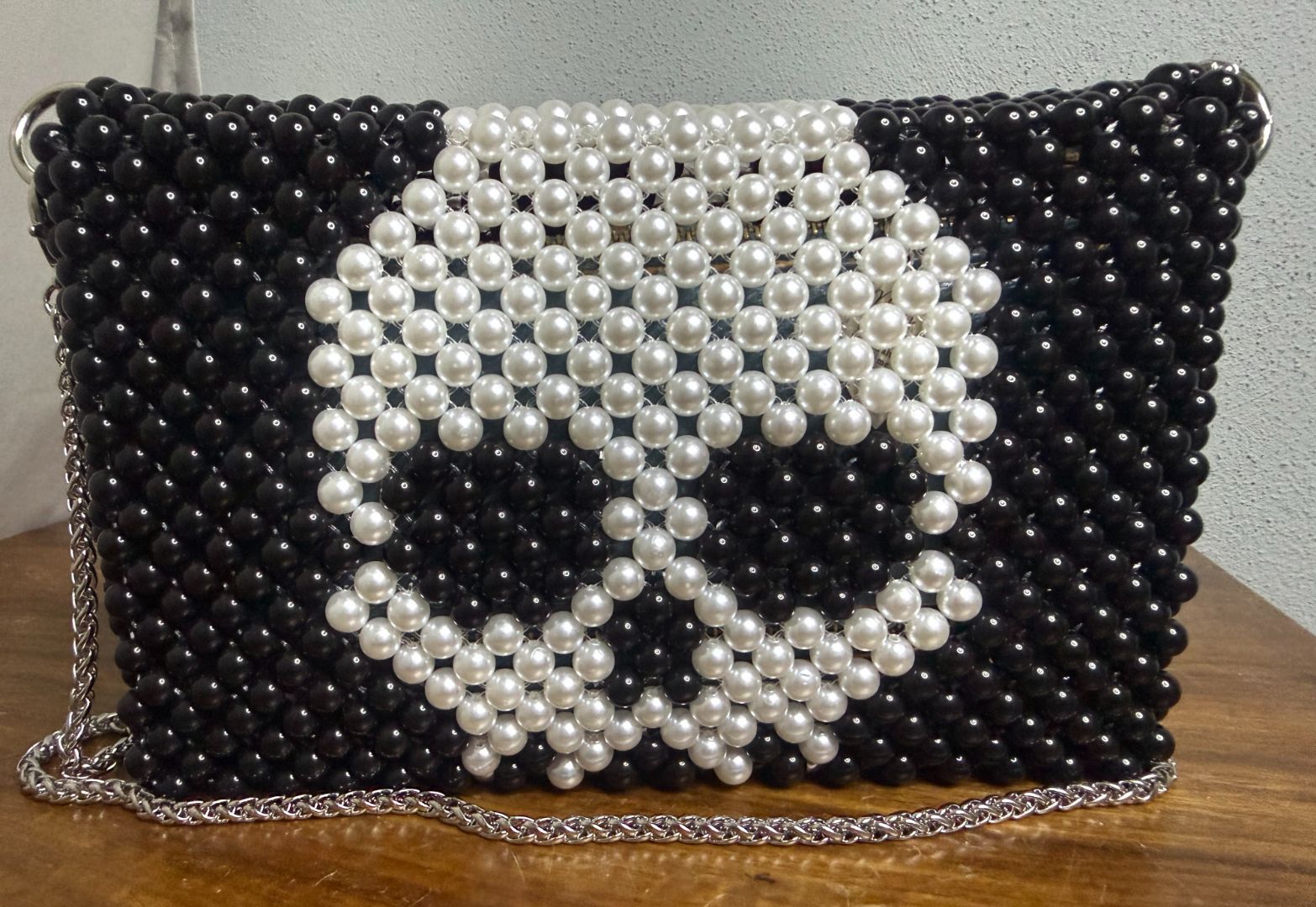 Handmade Pearl Beaded Skull Crossbody Bag