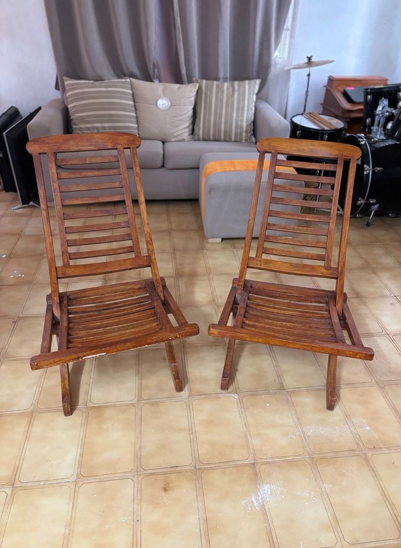 Wooden Slatted Folding Chairs Pair Brown