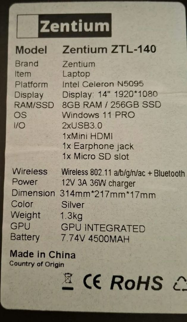 Zentium ZTL-140 14" Laptop 8GB RAM 256GB SSD Silver - Image 1 of 4
