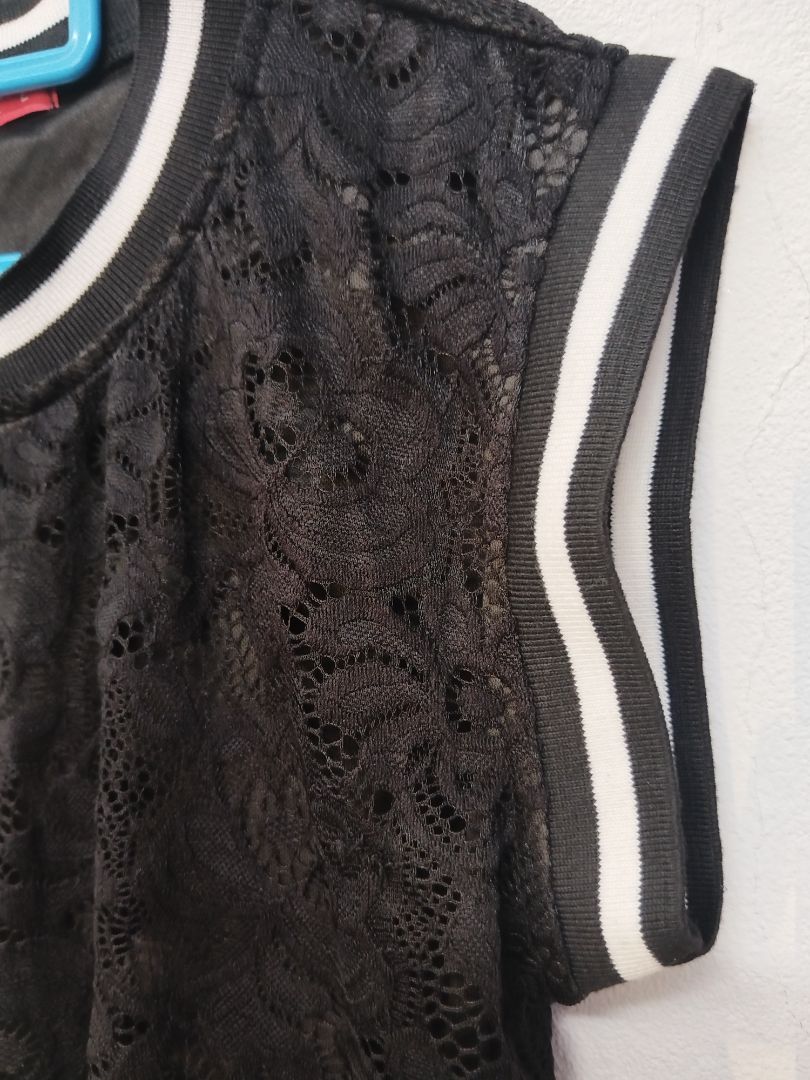 New Black Floral Lace Dress with Striped Trim Size L thumbnail 2