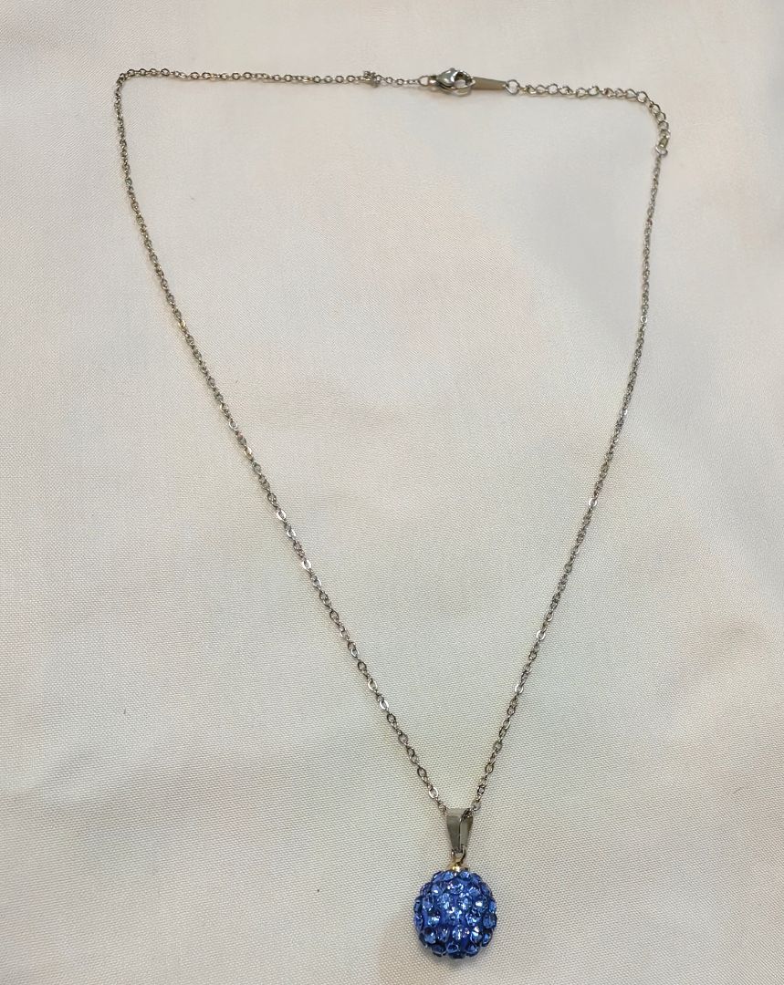 Silver Chain Necklace with Blue Crystal Ball Pendant