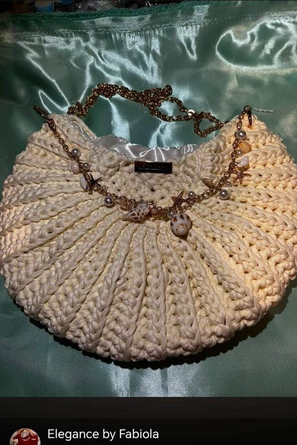 Handmade Crochet Bag with Shells and Gold Chain