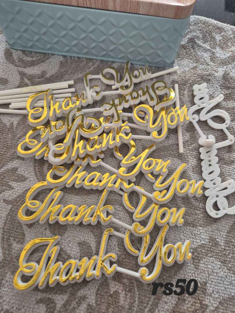 Thank You Cake Toppers White Gold