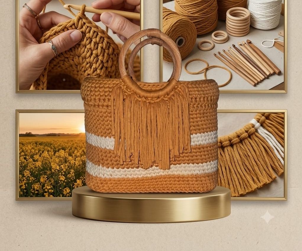 Handmade Crochet Macrame Handbag Brown White - Image 1 of 1