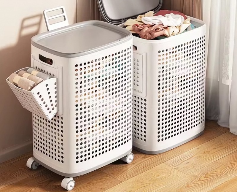 Laundry Basket with Wheels and Lid White - Image 1 of 8