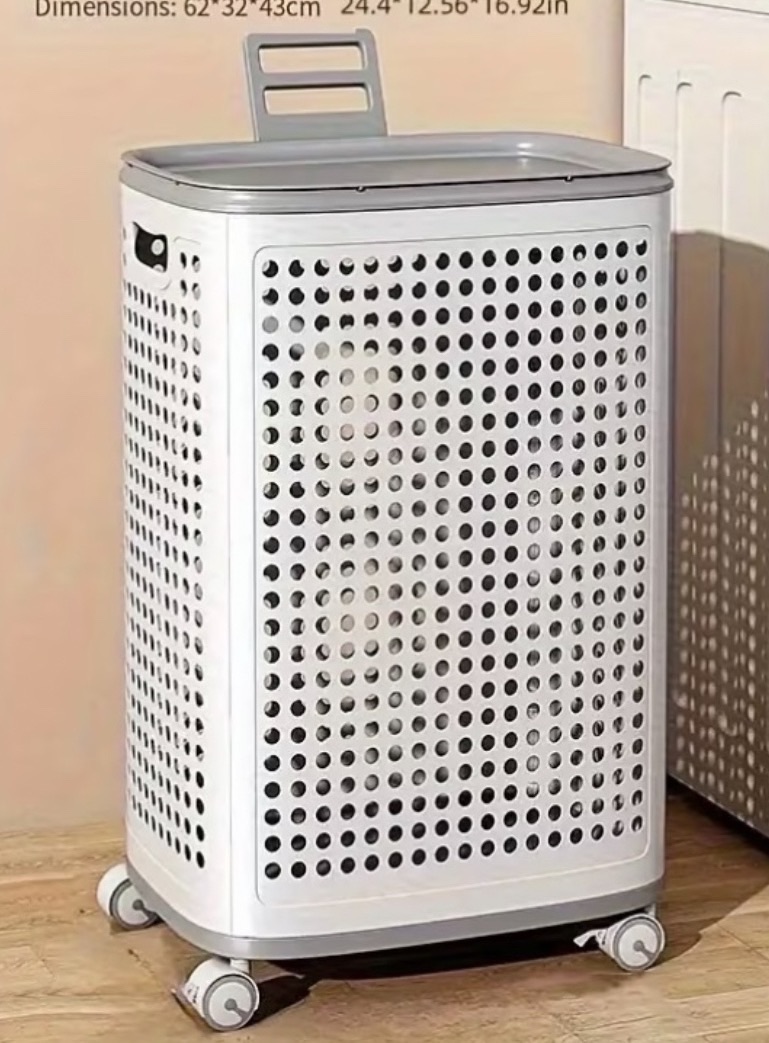 Laundry Basket with Wheels and Lid White thumbnail 2