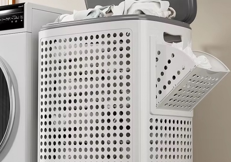 Laundry Basket with Wheels and Lid White thumbnail 3