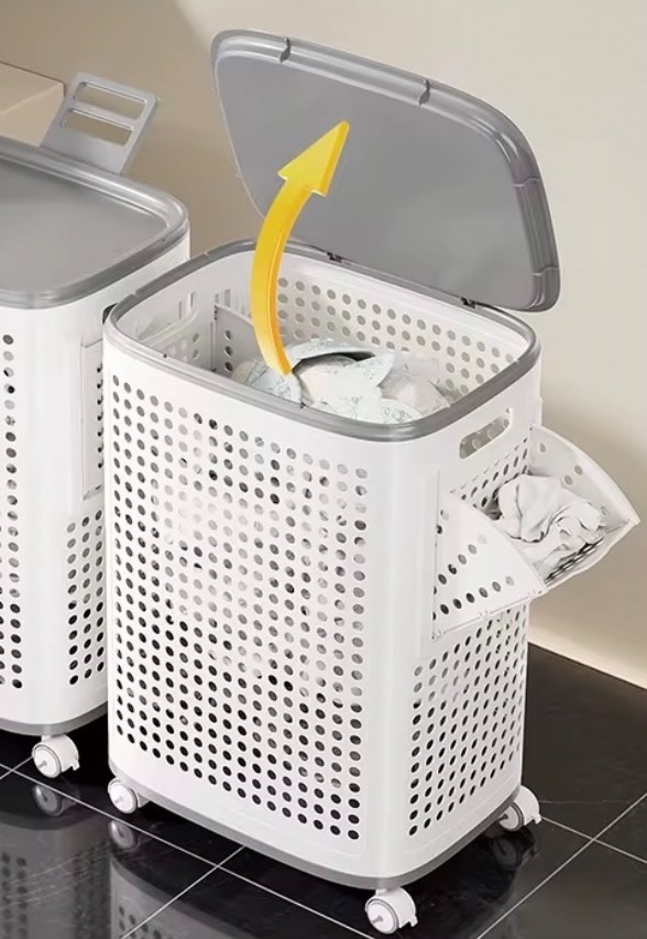 Laundry Basket with Wheels and Lid White thumbnail 4