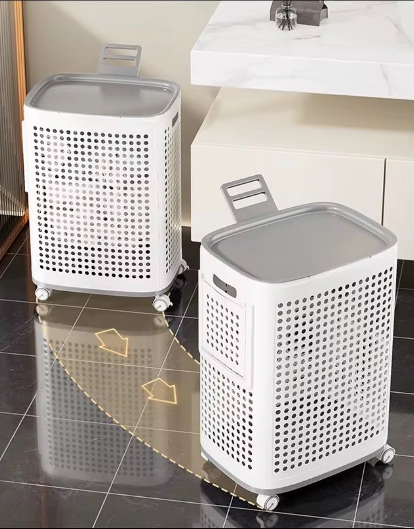 Laundry Basket with Wheels and Lid White thumbnail 5