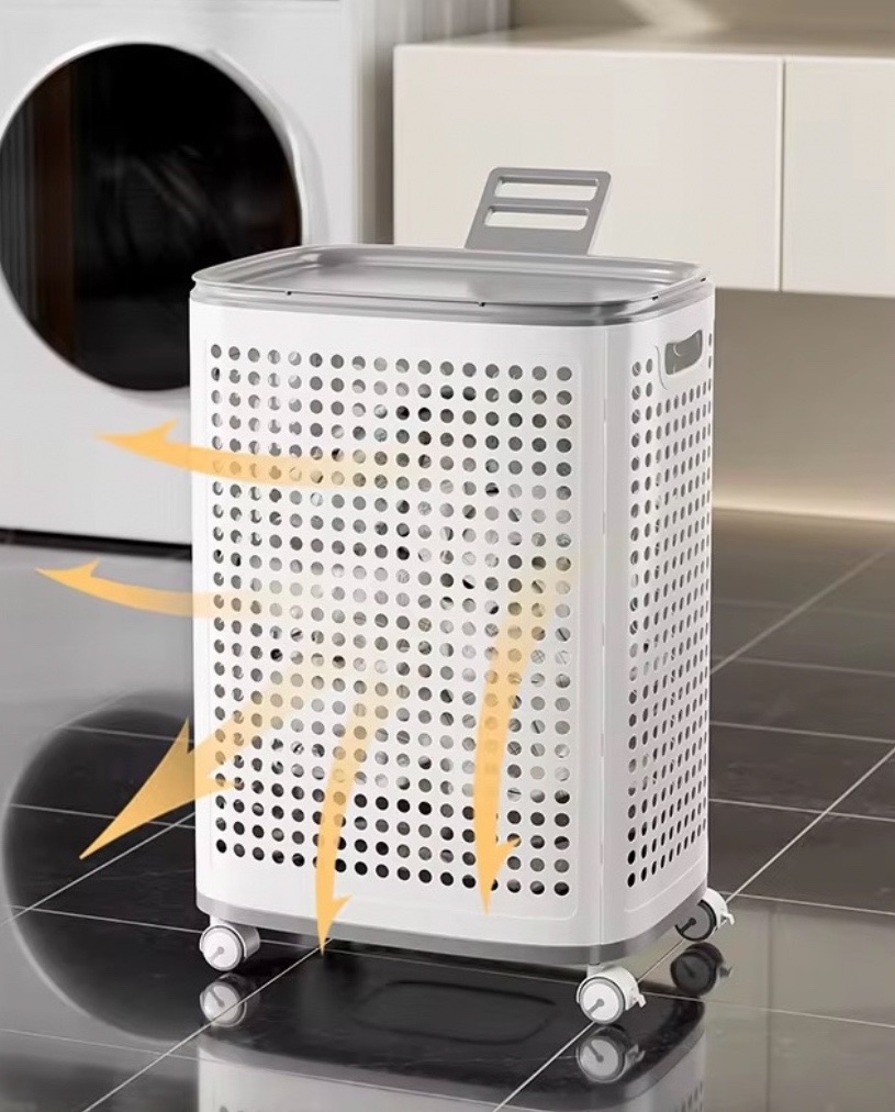 Laundry Basket with Wheels and Lid White thumbnail 6
