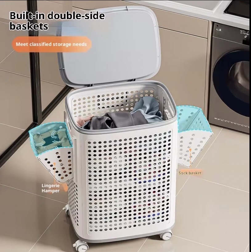 Laundry Basket with Wheels and Lid White thumbnail 7