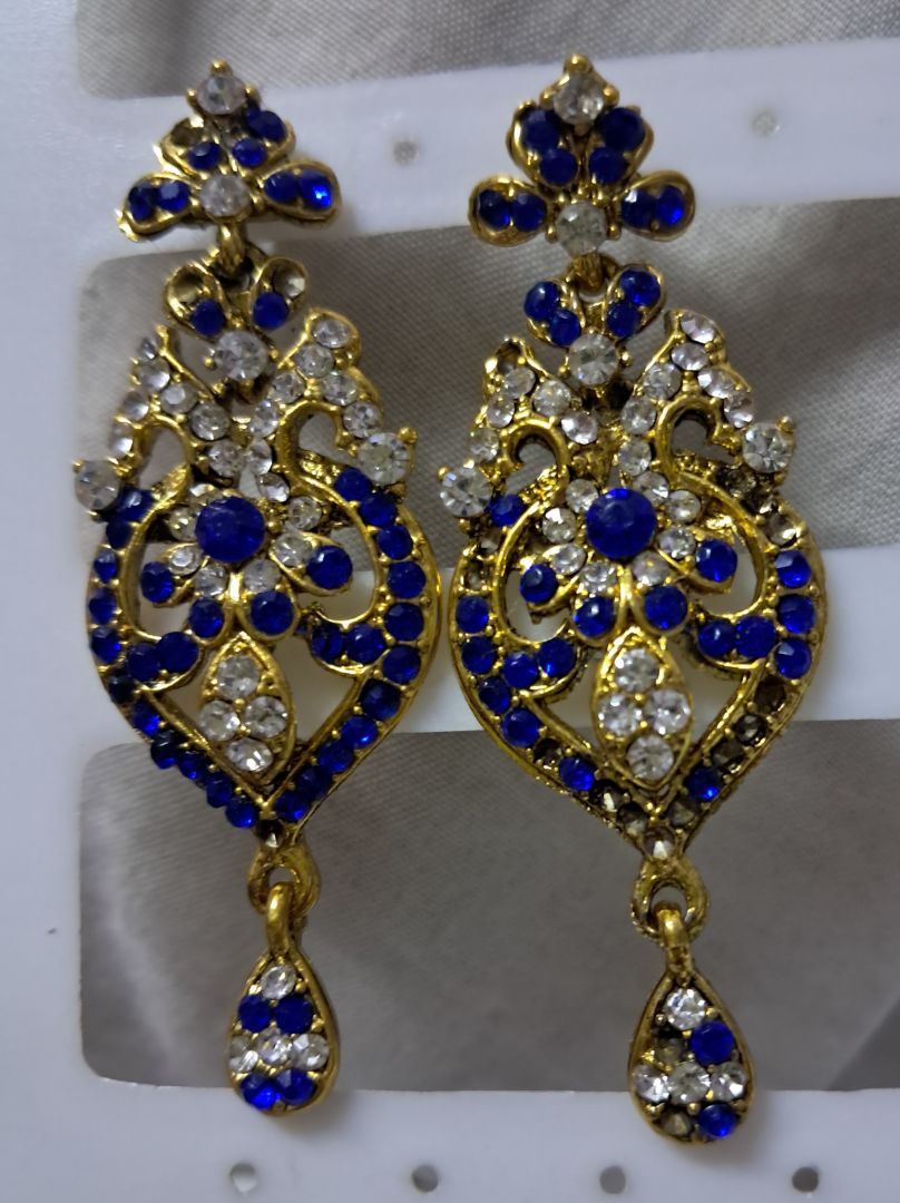 Gold Drop Earrings with Blue and White Stones