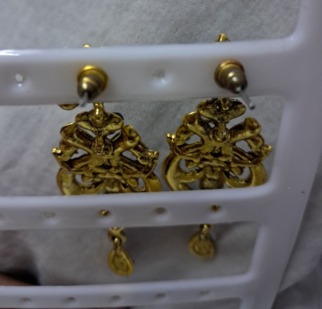 Gold Drop Earrings with Blue and White Stones thumbnail 2