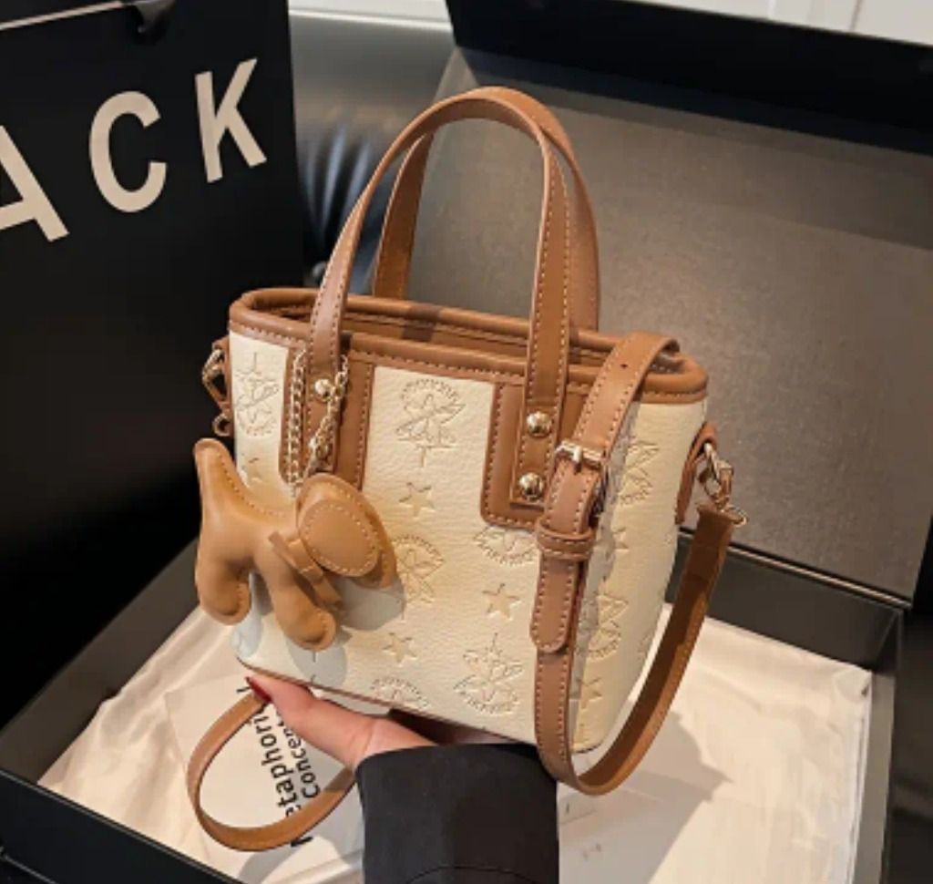 Brown and White Patterned Tote Handbag with Dog Charm