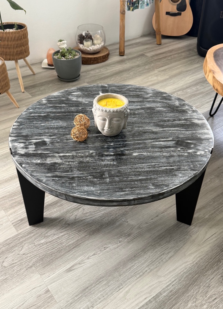 Round Coffee Table Black and White Distressed Finish - Image 1 of 1