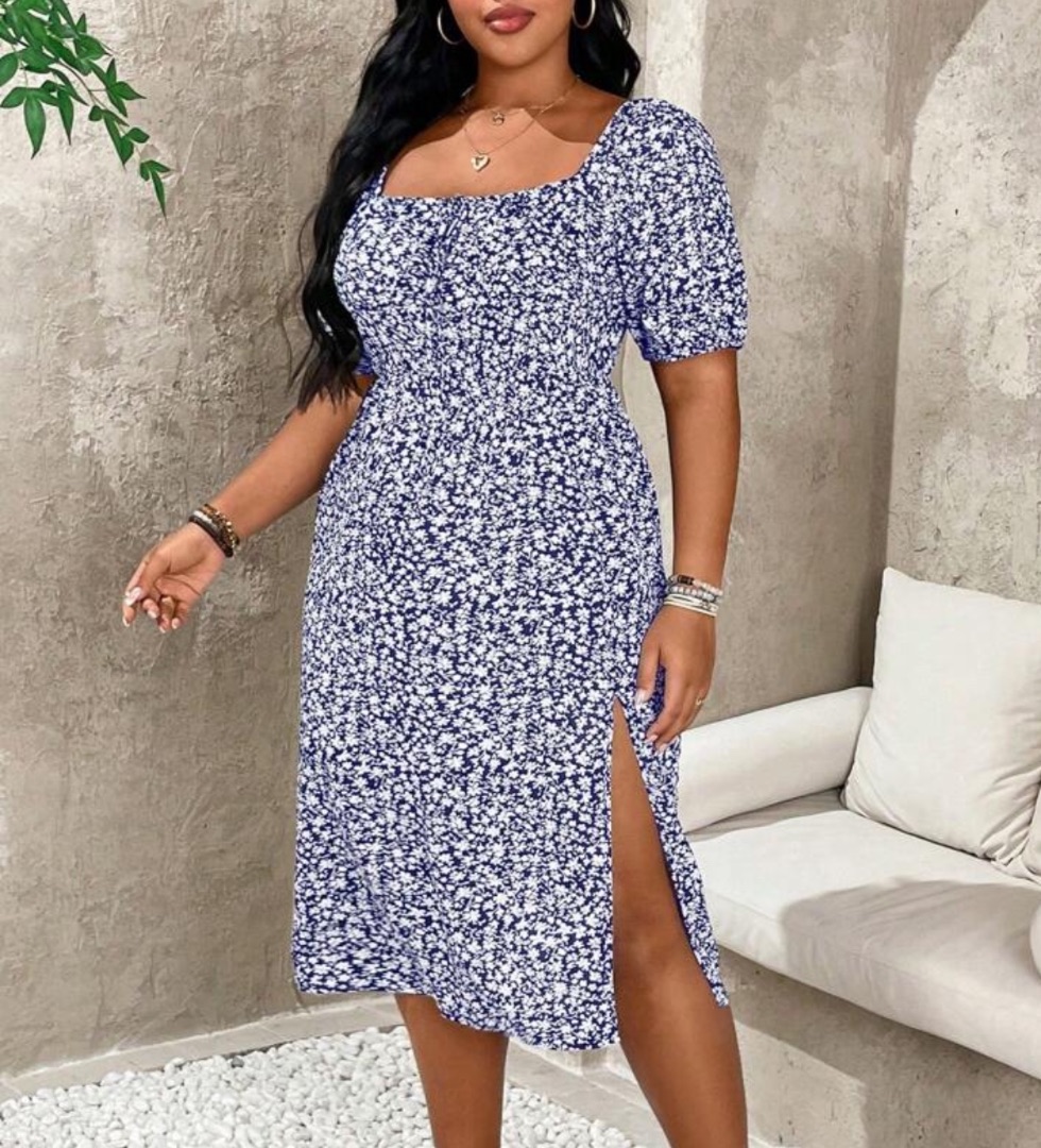 SHEIN Blue Floral Print Midi Dress with Side Slit - Image 1 of 1