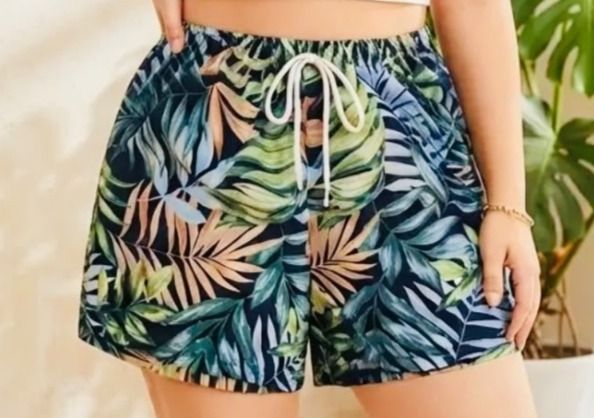 Women Tropical Leaf Print Drawstring Shorts