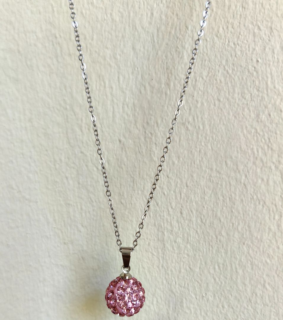 Silver Chain Necklace with Pink Crystal Ball Pendant
