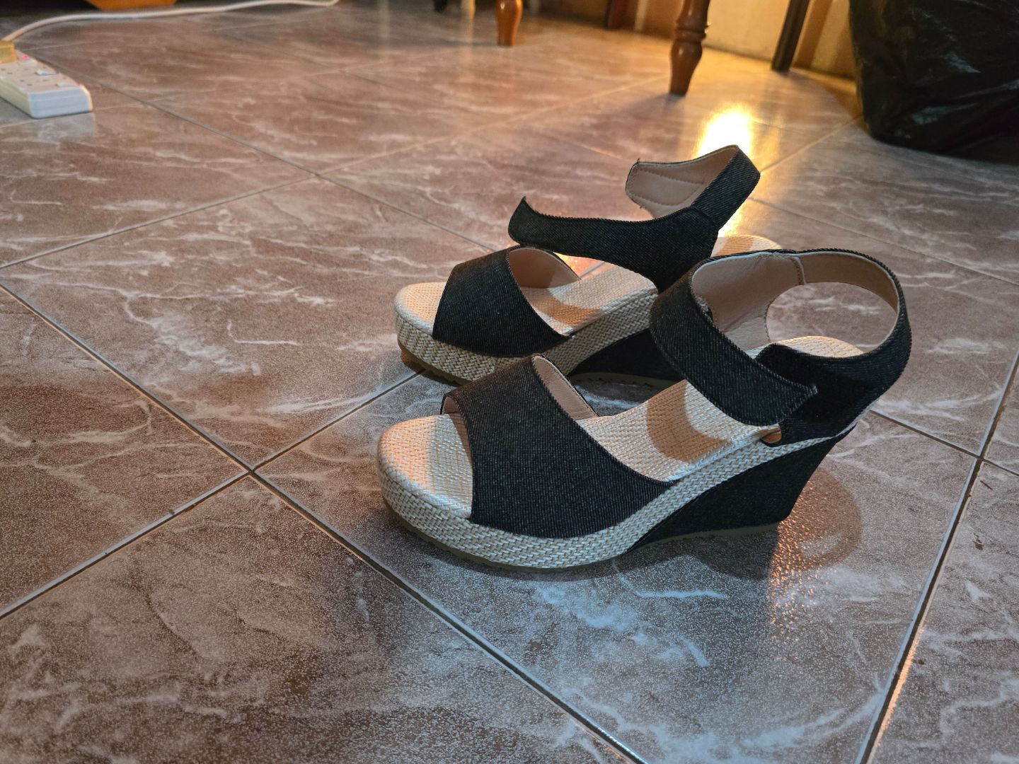 Black Denim Strappy Wedge Sandals thumbnail 2