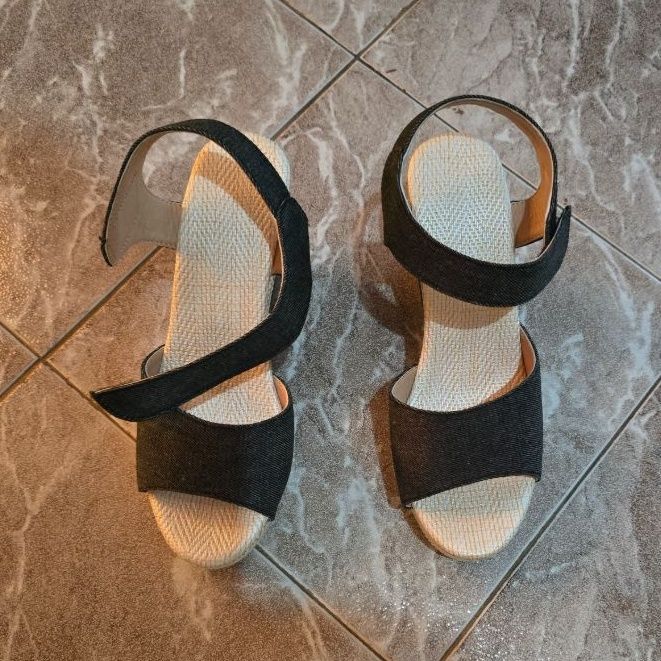 Black Denim Strappy Wedge Sandals