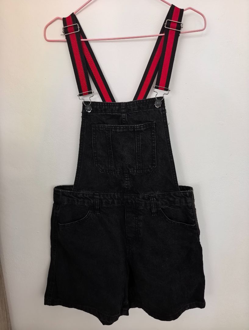 Jennyfer Black Denim Short Overalls Red Straps M