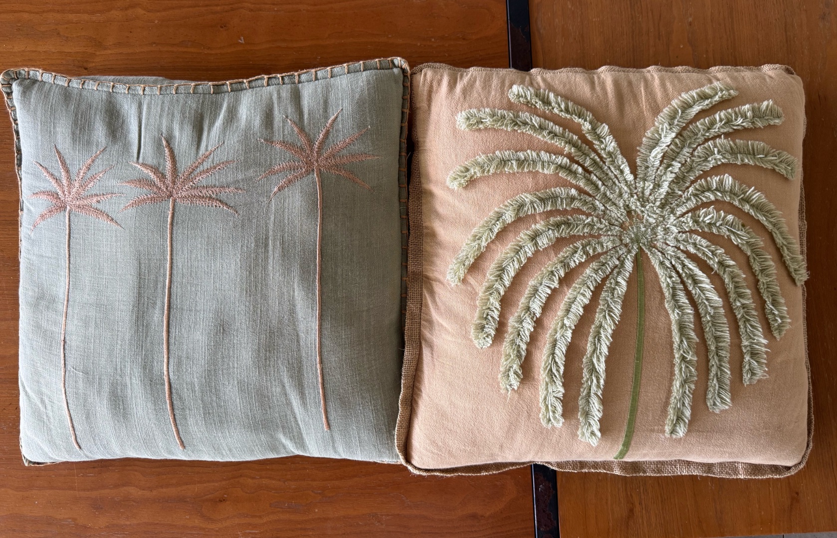 Set of 2 Embroidered Palm Tree Cushions - Green & Peach - Image 1 of 1