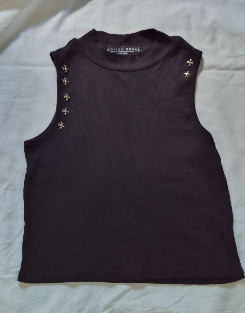 Fashion House Black Sleeveless Top with Cross Studs