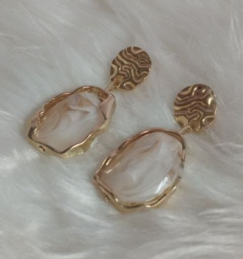 Gold Frame Milky White Stone Drop Earrings - Image 1 of 3