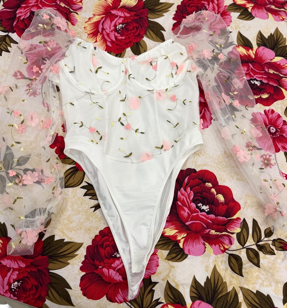 White Floral Embroidered Mesh Sleeve Bodysuit - Image 1 of 2