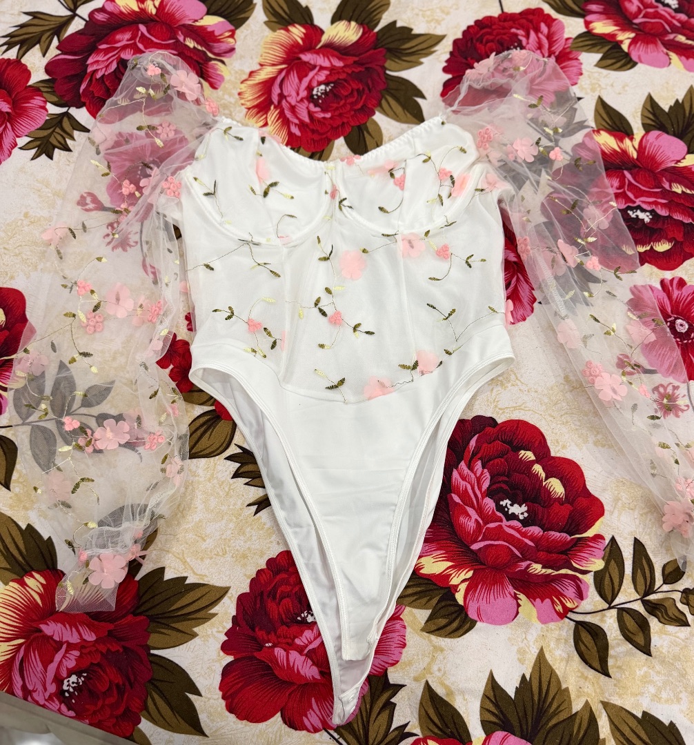 White Floral Embroidered Mesh Sleeve Bodysuit thumbnail 2
