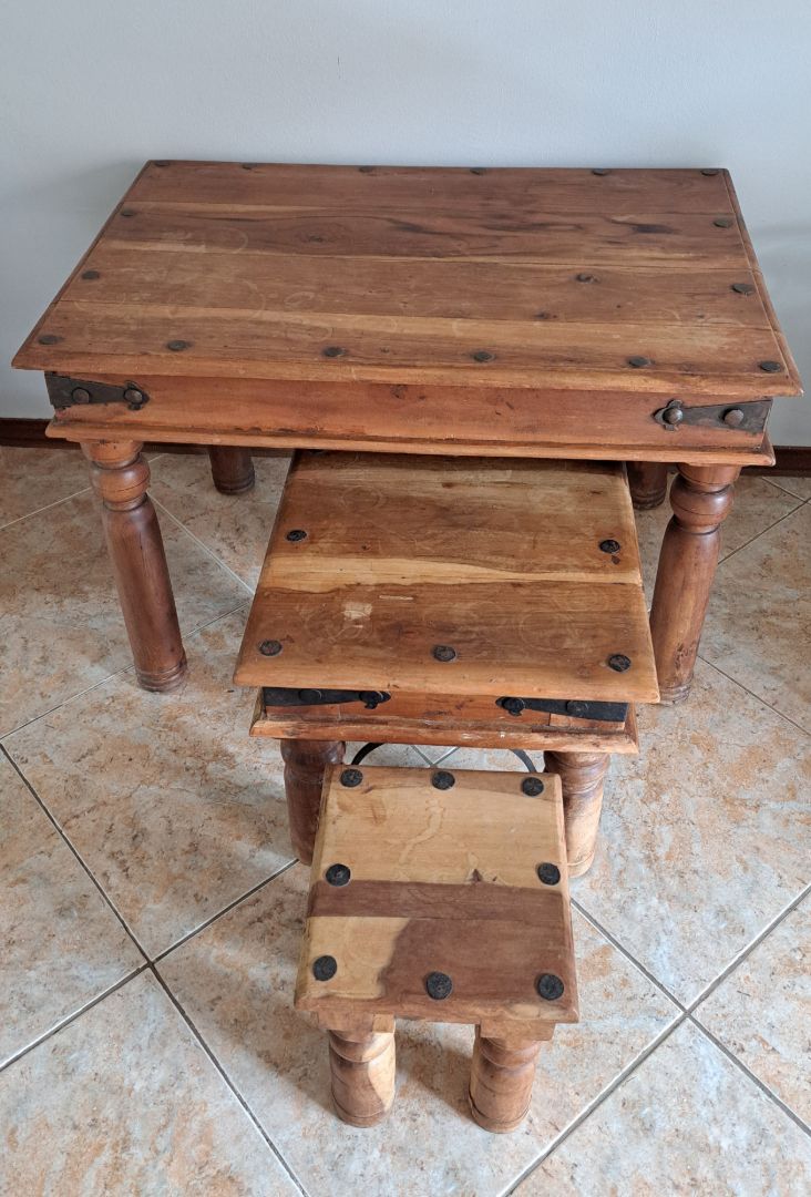Wooden Nesting Table Set with Stools Brown