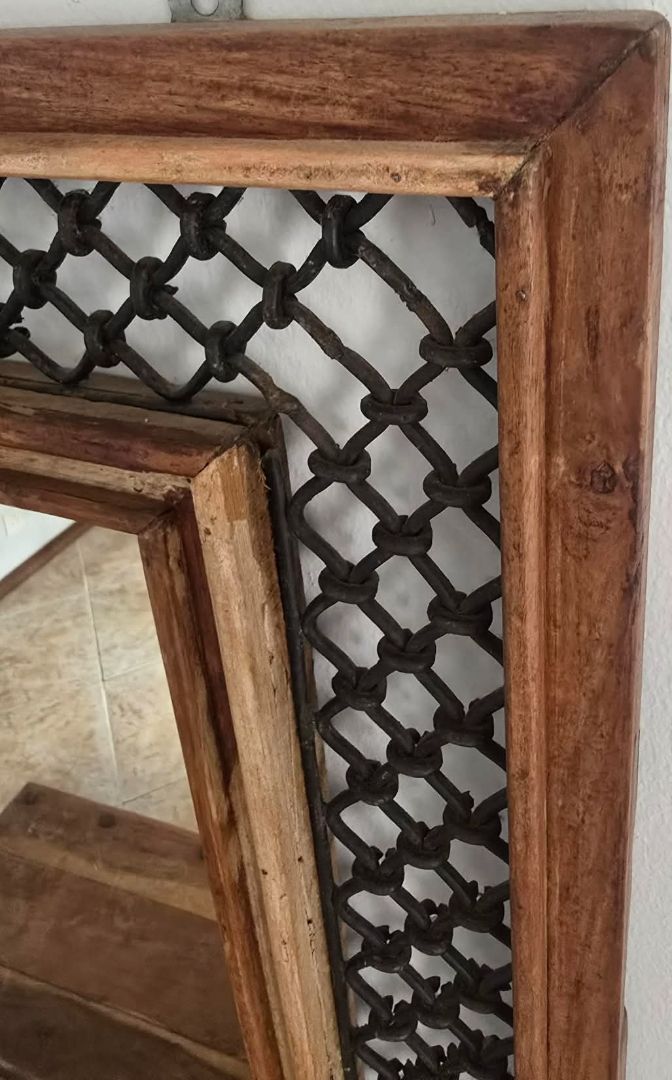 Wooden Framed Wall Mirror with Metal Lattice thumbnail 2