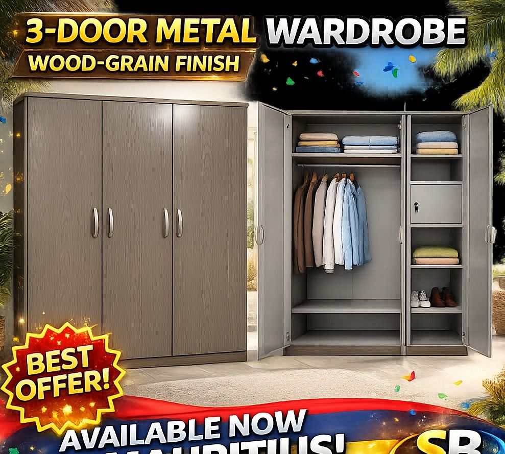 3-Door Metal Wardrobe Wood-Grain Finish - Image 1 of 1