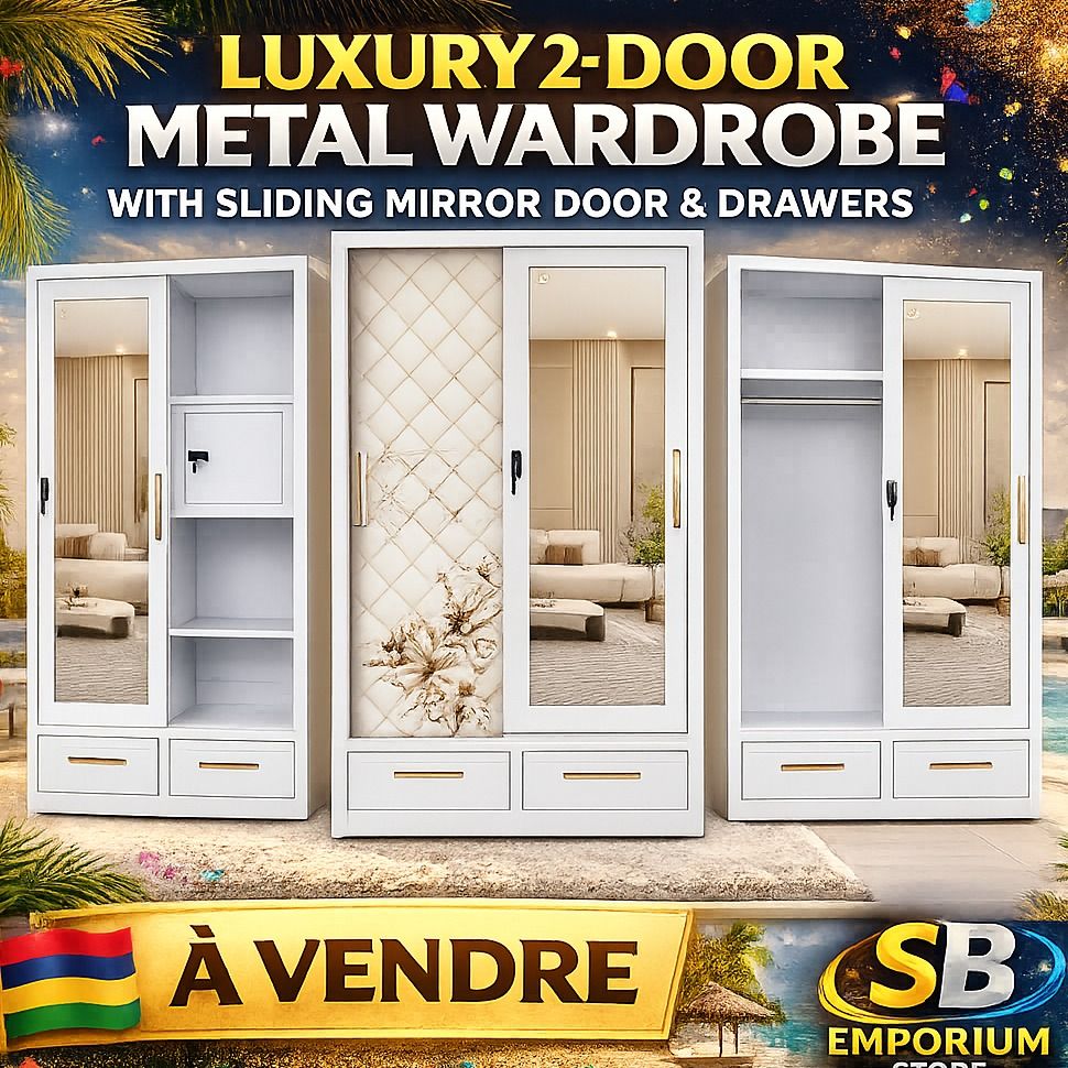 Luxury 2-Door Metal Wardrobe with Sliding Mirror and Drawers